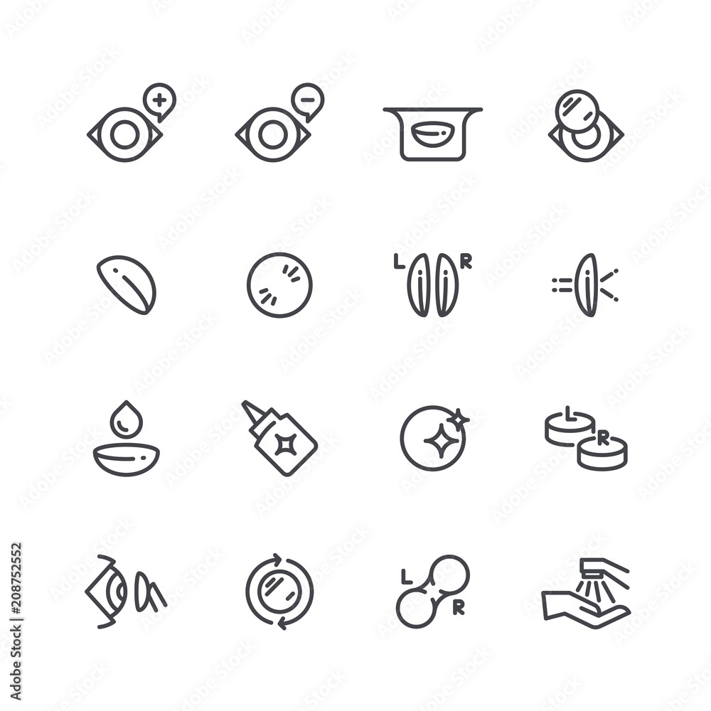 Eye optical lens icons. Human eyesight correction and optometrist outline vector symbols isolated
