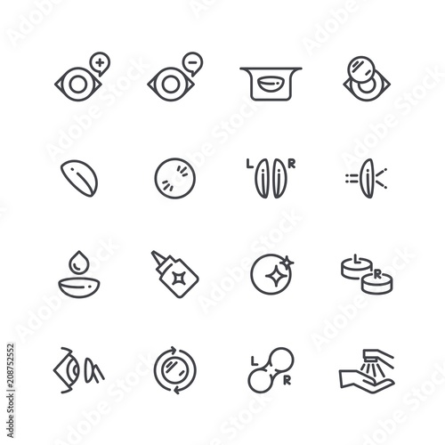 Eye optical lens icons. Human eyesight correction and optometrist outline vector symbols isolated