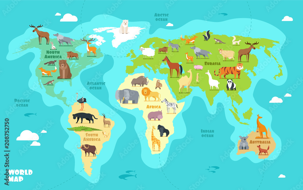 Cartoon world map with animals oceans and continents. Funny geography for kids education vector illustration Stock Vector Adobe Stock