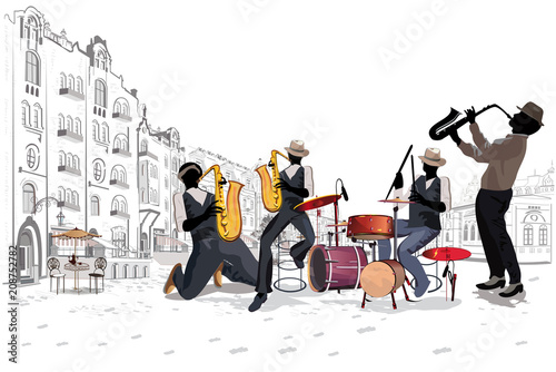  Musicians at the party. Jazz band. Hand drawn vector illustration.