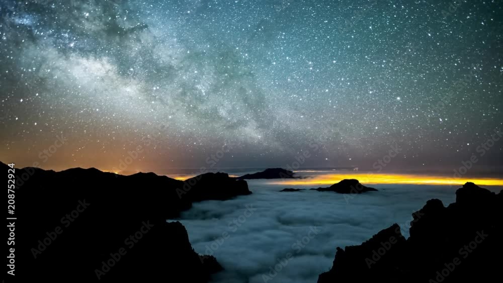 Night timelapse of the Milky Way galaxy moving across the sky over a ...