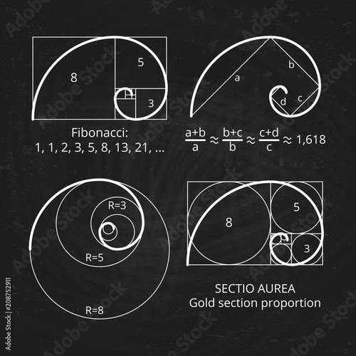 Valokuva Scheme of golden ratio section, fibonacci spiral on blackboard vector illustrati
