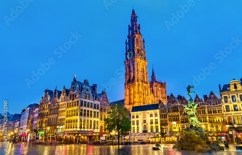 The Cathedral of Our Lady and the Silvius Brabo Fountain on the Grote Markt Square in Antwerp, Belgium