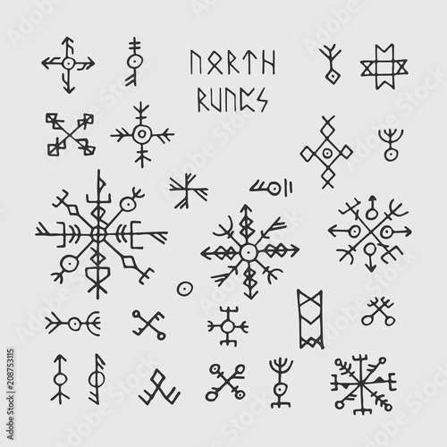 Futhark norse viking runes and talismans. Nordic pagan vector occult symbols for tattoo
