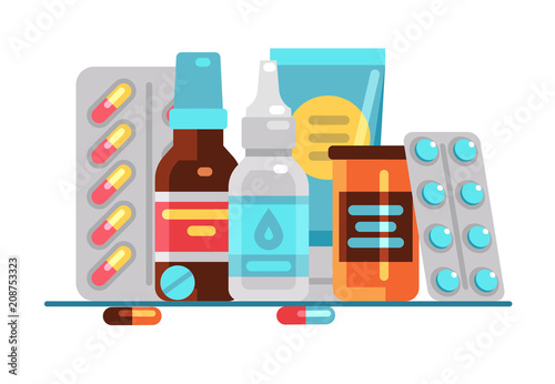 Medical pills and bottles. Healthcare, medication, pharmacy or drugstore vector concept photo