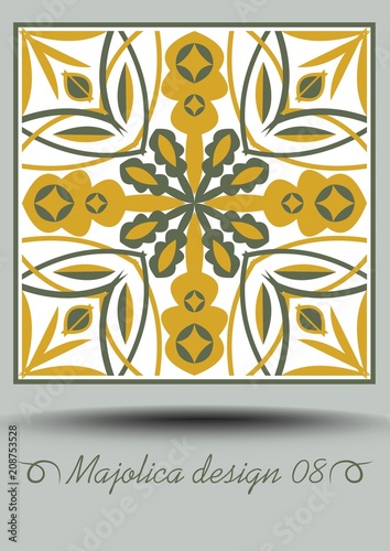 Majolica traditional ceramic tile in nostalgic ocher and olive green design with white glaze. Typical ceramic, azulejo portuquese pottery product with multicolored geometric ornament. Vector EPS 10 photo