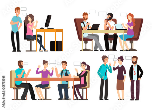 Businessman and woman have conversation in different business situations in office. People meeting vector characters set