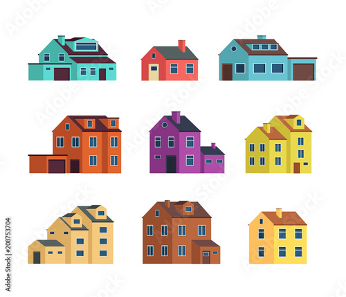 Flat cartoon town houses, cottage buildings with door and windows. Home exterior vector set isolated