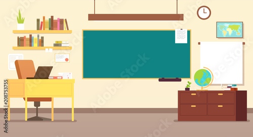 Nobody school classroom interior with teachers desk and blackboard vector illustration