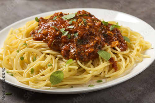 Spaghetti with sauce of Mediterranean tuna, fresh oregano leaves and Italian extra virgin olive oil