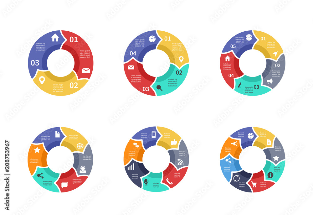 Obraz premium Circle graphic, pie diagrams, round charts with icons, options, parts, steps, process sectors vector set