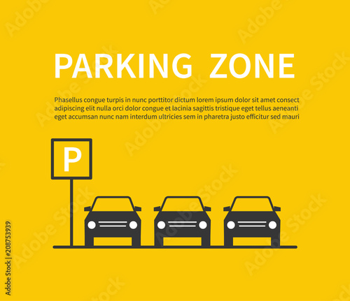 Parking zone sign with car black silhouette icons. City parking lot vector concept