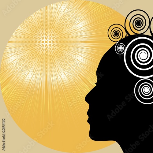 Woman profile silhouette, black silhouette on yellow background with sunrays. Placard, flyer, leaflet design with empty area for own message. Vector illustration