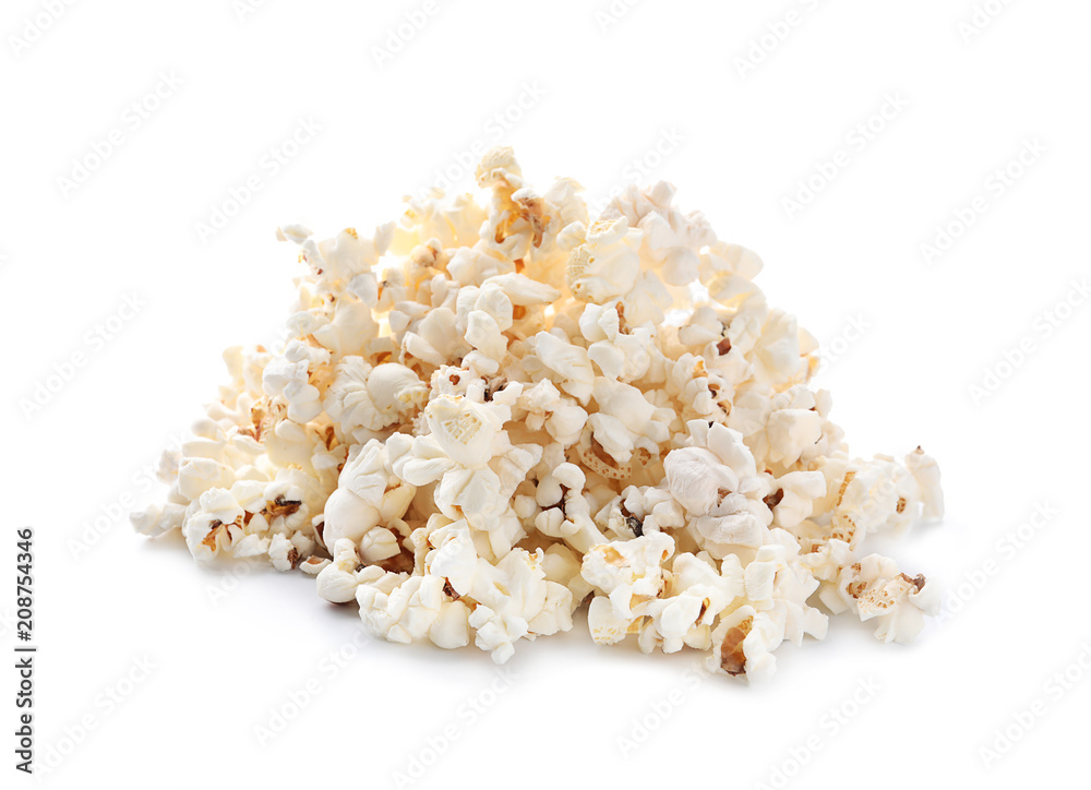 Pile of delicious popcorn on white background