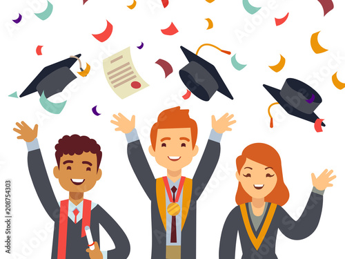 Young happy graduates with graduate caps and falling confetti
