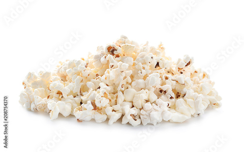 Pile of delicious popcorn on white background