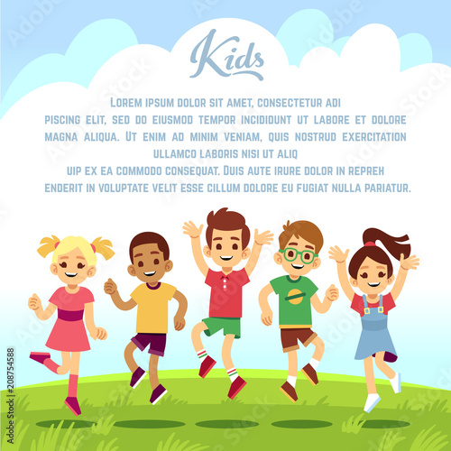 Happy school kids, fun friends jumping and playing togeter outdoors. Summer holiday vector background