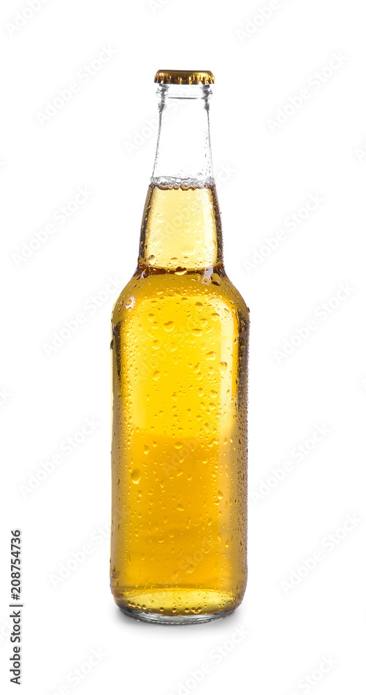 Glass bottle of beer on white background