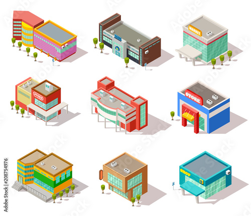 Isometric mall, store, shop and supermarket buildings. Vector city architecture isolated set