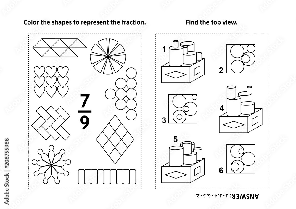 Two visual math puzzles and coloring pages. Color the shapes to