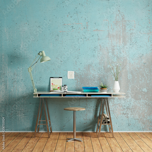 Schreibtisch mit Platz an Wand für Leinwand