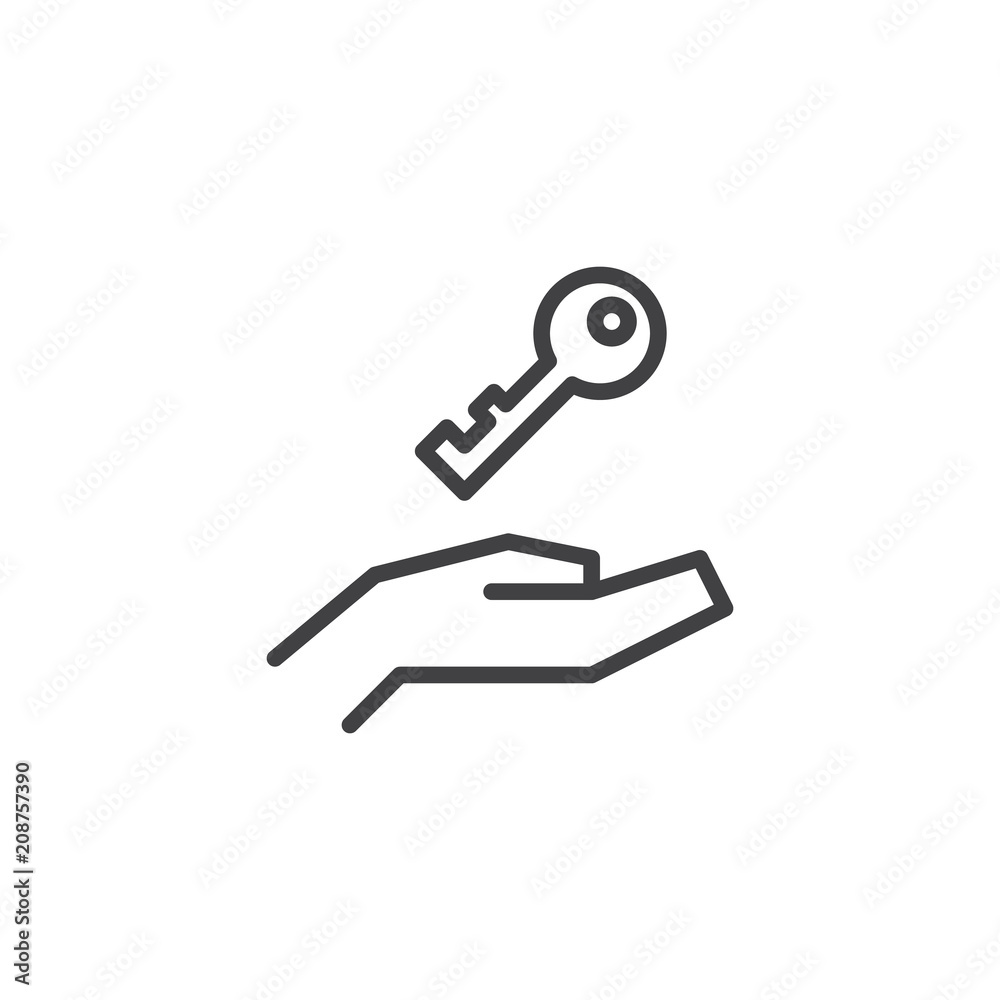Hand with key outline icon. linear style sign for mobile concept and web design. real estate simple line vector icon. Symbol, logo illustration. Pixel perfect vector graphics Hand with key outline icon. linear style sign for mobile concept and web design. real estate simple line vector icon. Symbol, logo illustration. Pixel perfect vector graphics