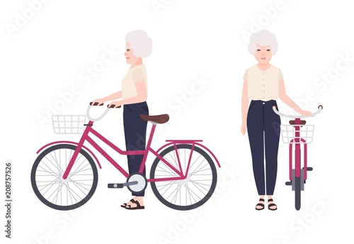 Elderly woman or granny standing beside bike with basket. Flat female cartoon character holding bicycle. Old happy bicyclist isolated on white background. Front and side views. Vector illustration.