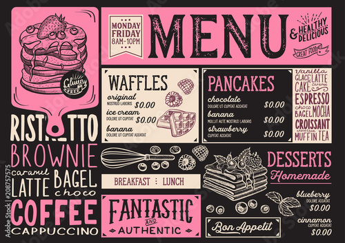 Waffles and crepes restaurant menu. Vector pancake food flyer for bar and cafe. Design template with vintage hand-drawn illustrations.
