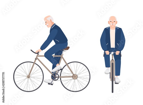 Old man dressed in sport clothing riding bike. Flat male cartoon character on bicycle. Pedaling elderly cyclist or bicyclist isolated on white background. Front and side views. Vector illustration.