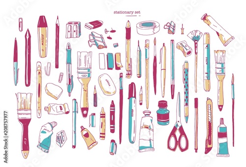 Bundle of hand drawn stationery or writing utensils. Set of writing and art supplies isolated on white background - brush, pen, pencil, marker, utility knife, sharpener. Vector illustration.
