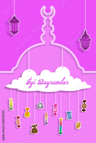 Turkish bayram greeting with paper cut out candies
