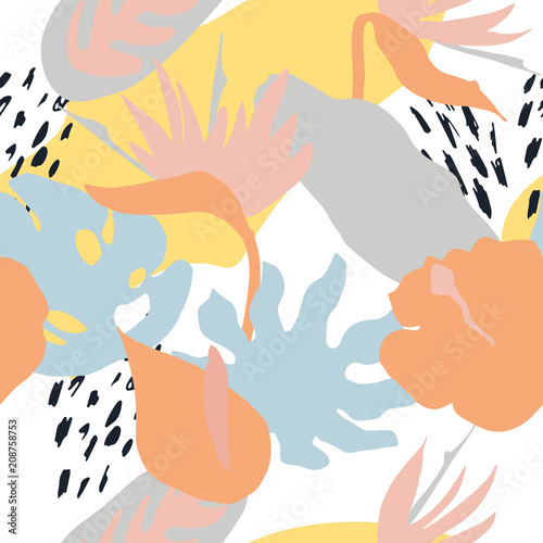 Minimal summer trendy vector tile seamless pattern in scandinavian style. Bird of paradise  hibiscus  laceleaf flowers  palm leafs. Textile fabric swimwear graphic design for pring.
