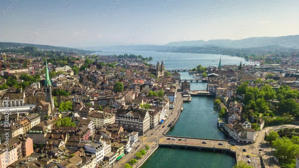summer day zurich cityscape riverside center aerial panorama 4k timelapse switzerland
