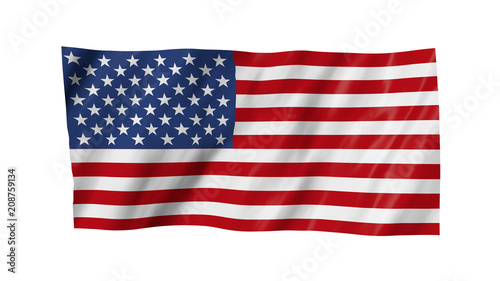 The USA flag in 3d, waving in the wind, on white background.