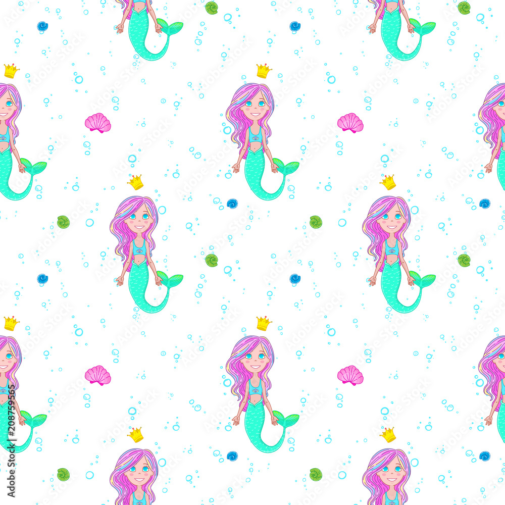Little mermaid, princess of undersea world. Bright and colorful seamless pattern. Cartoon ocean fantasy creatures. Little mermaid, princess of undersea world. Bright and colorful seamless pattern. Cartoon ocean fantasy creatures.