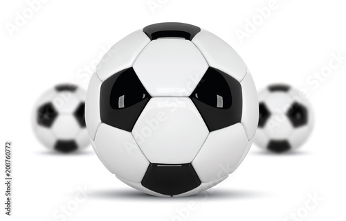 Realistic soccer balls or football ball on white background. Set of three 3d Style vector Ball isolated on white background. Football design with blurred balls