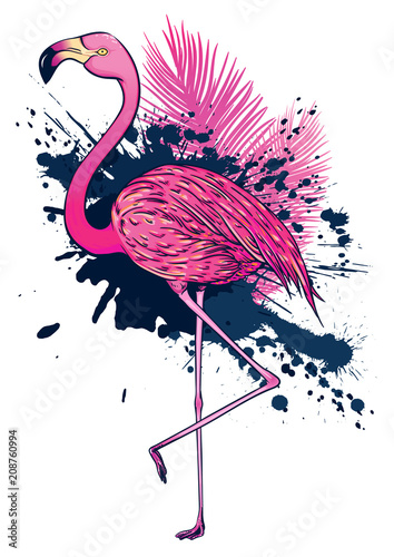 Pink flamingo. Tropical exotic flamingo bird with paint splashes and palm leaves silhouette on white background. 