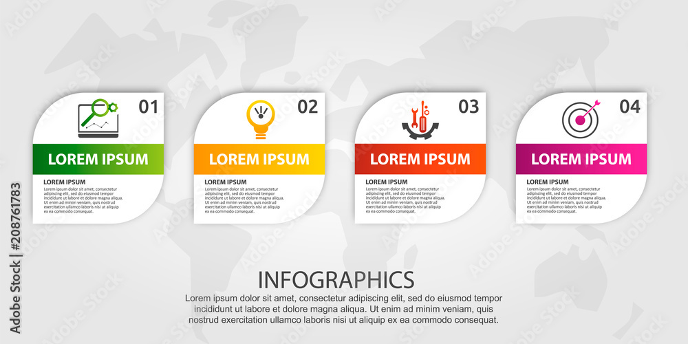 Modern vector illustration 3D. Template of a square with rounded corners infographics with four elements. Designed for business, presentations, web design, diagrams with 4 steps. Step by step Modern vector illustration 3D. Template of a square with rounded corners infographics with four elements. Designed for business, presentations, web design, diagrams with 4 steps. Step by step