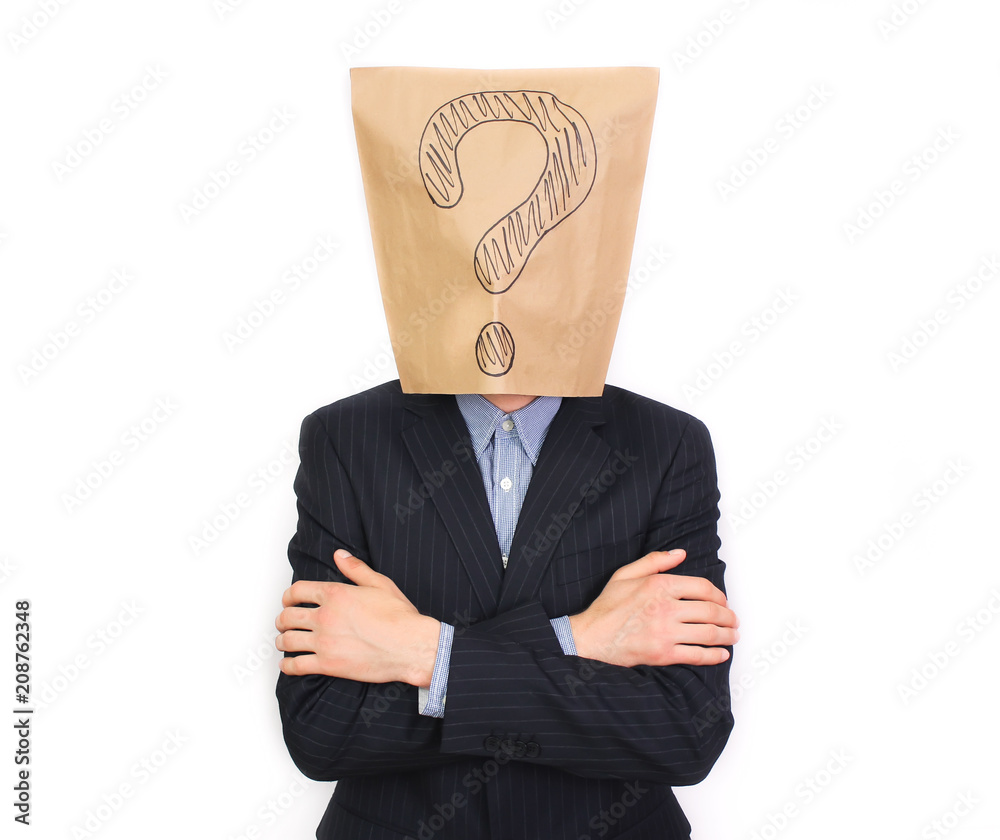Businessman with a package on his head with a question mark Businessman with a package on his head with a question mark