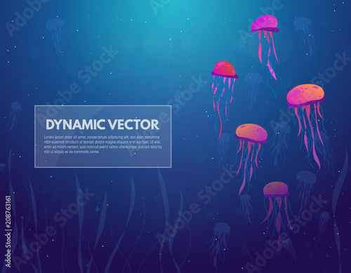 Underwater sea background. Diving and swimming jellyfish in water column. Gradient background of blue water and light from above. Glowing circles in water. Text banner for nautical theme.