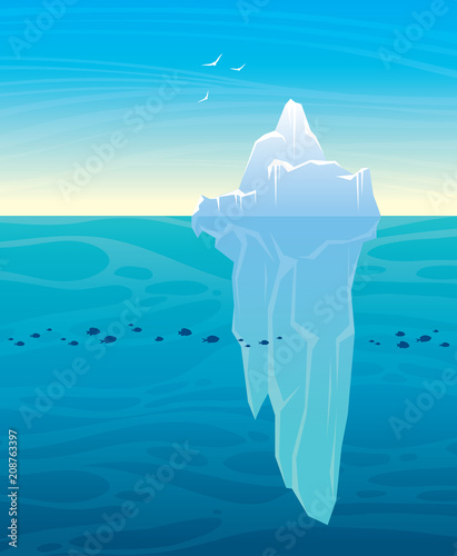 Landscape with iceberg, sea and sky.