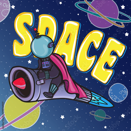 Fototapeta Plakat "Kosmiczny". Wektorowa ilustracja astronautyczny mężczyzna w przylądka charakterze na rakiety lataniu przez przestrzeni. Retro futuryzm, stylu cartoon.