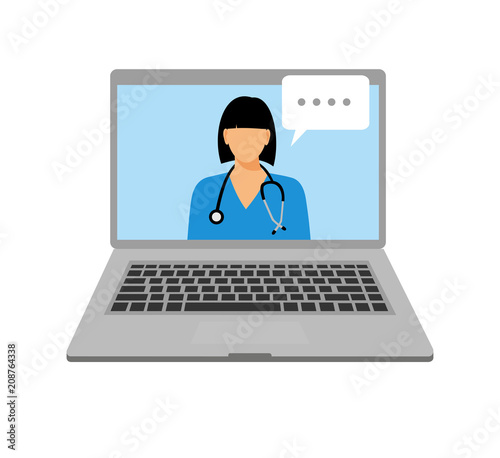 woman doctor with stethoscope on the screen, concept of online diagnostics, vector illustration in flat style. online medical application. notebook with medical assistant and doctor consultation