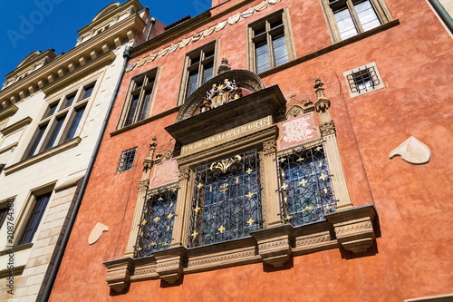 Prague Coat of Arms on beautiful renessaince window of the Old Town Hall, House Kriz, Old Town Square, Prague, Czech Republic, UNESCO World Heritage Site, sunny day photo