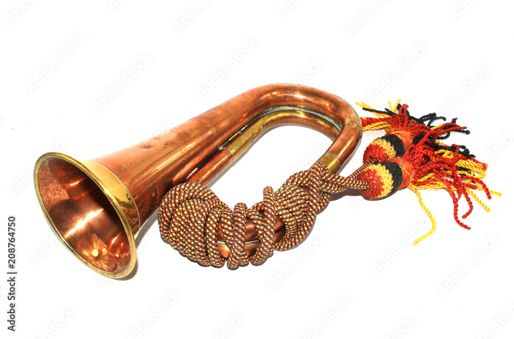 A Brass and Copper Small Bugle Instrument On White Background