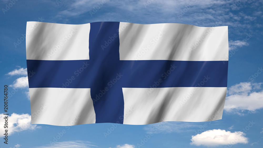 Obraz premium The Finnish flag flag in 3d, waving in the wind, on sky background.