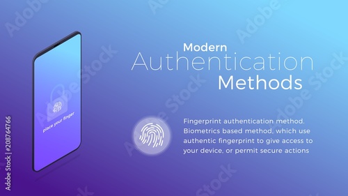 Authentication. Modern biometric fingerprint authentication method. Isometric concept of modern digital security