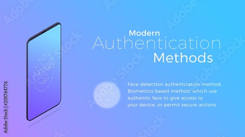 Authentication. Modern biometric facial recognition authentication method. Isometric concept of modern digital security