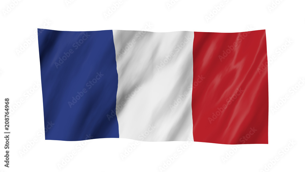 The French flag in 3d, waving in the wind, on white background.