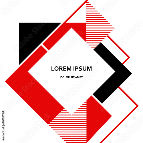 Abstract art square background with rhombus label frame and asymmetric geometric pattern. Banner in white, black and red colors. Template of design cover, poster in minimal style. Vector illustration